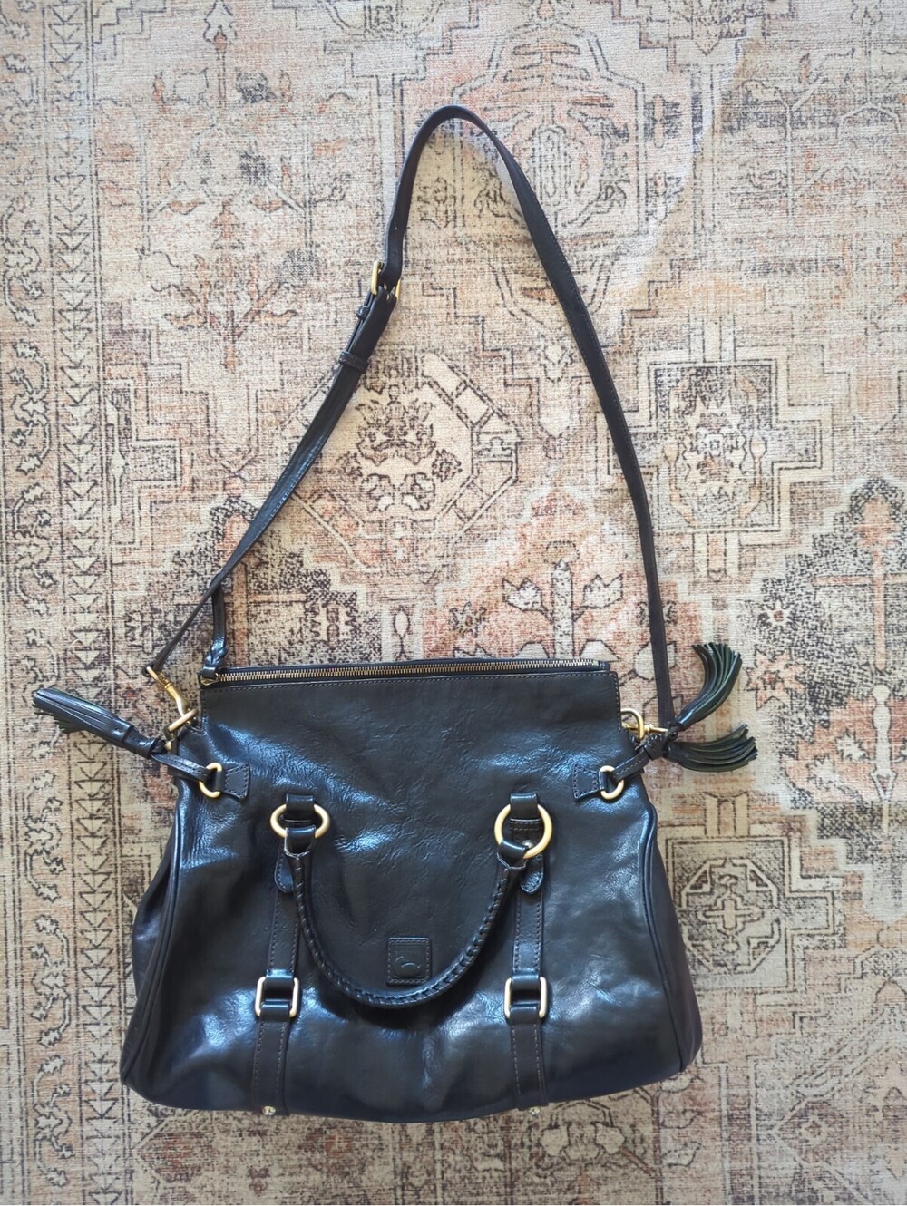 Dooney Bourke Florentine Large Tassel Satchel Black Leather Crossbody